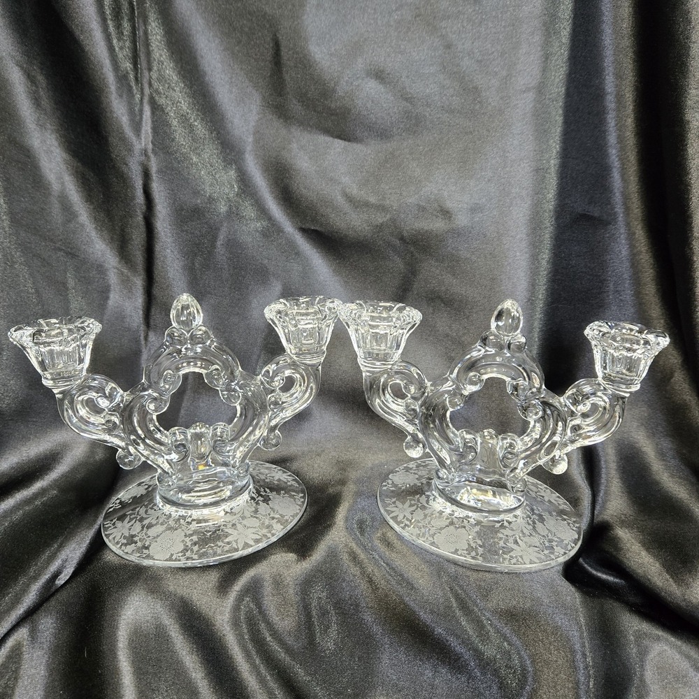 Cambridge Glass Candelabra Candle Holders Wildflowers Etched Base Set Of 2